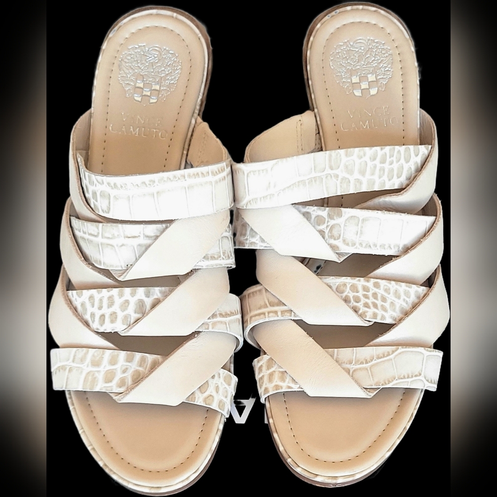 Vince Camuto Cream Croc Embossed Leather Slide Sandals Size 6